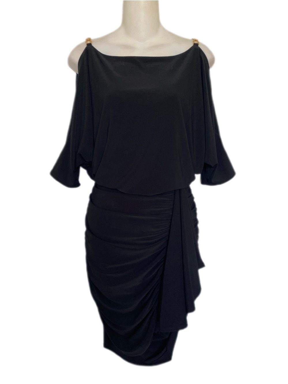 Cache Black Cold Shoulder Dolman Draped Skirt Jersey Dress Small